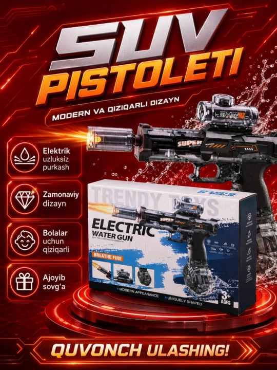 Elektr suv pistoleti, avtomatik, akkumulyatorli, 8 metr masofa, bolalar uchun 8+