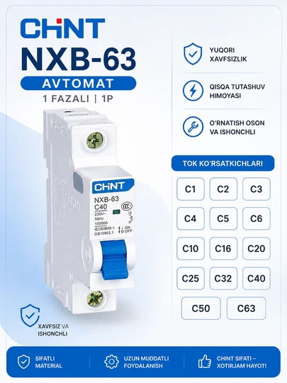 CHINT NXB-63 Avtomatik O'chirgich 1P / 2P / 3P, C1–C63 Avtomat JA Electrical - 