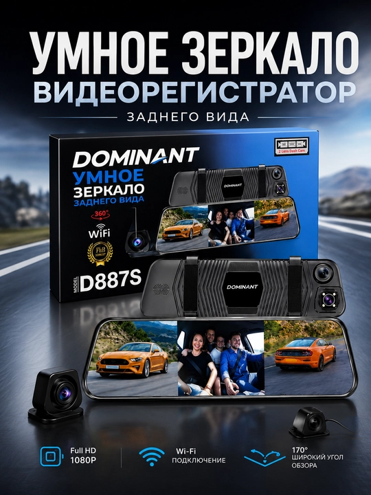 Videoregistrator DOMINANT D887S 3 kamerali, Wi-Fi, 1080P/1080P/720P, 32GB fleshka bilan - 