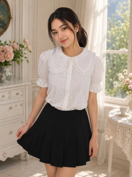 Qizlar uchun uzun yengli oq maktab bluzkasi - 