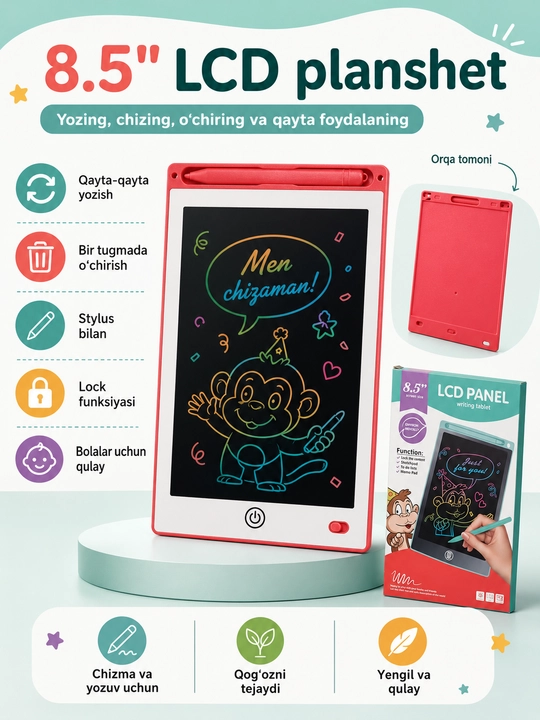 Bolalar uchun 8,5 dyuymli LCD rasm chizish va yozuv plansheti, stilusli - 