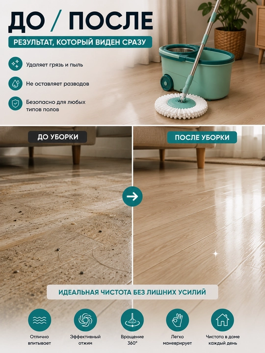 Швабра с ведром и отжимом 10 л, набор для уборки, вращение 360°, 2 насадки из микрофибры