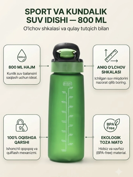 Sport suv idishi, fitnes idishi, qopqoqli va o‘lchov shkalasi bilan, 800 ml