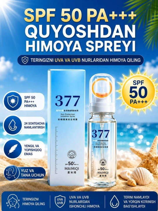 377 Yuz va tana uchun SPF 50 Dan himoyalovchi sprey, terini namlaydi va himoya qiladi - 