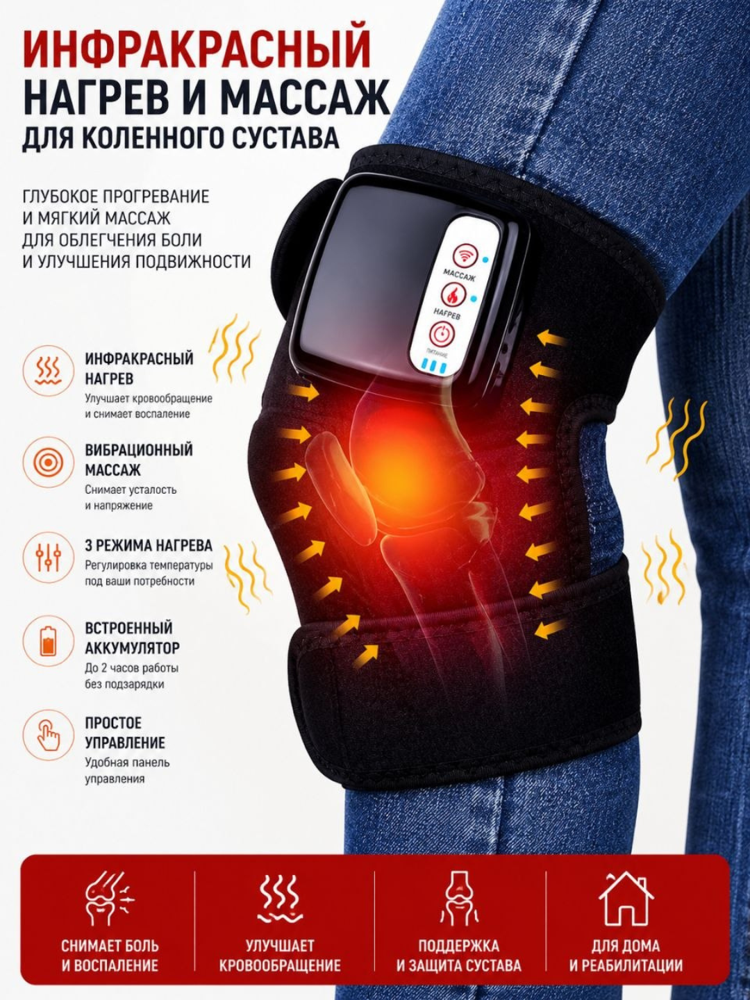 Массажёр для колена с инфракрасным прогревом, наколенник с вибромассажем и подогревом - 