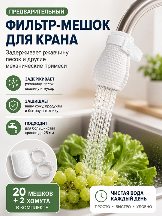 Фильтр для воды, сменные тканевые фильтры на кран от ржавчины и песка, 20 шт. + 2 хомута