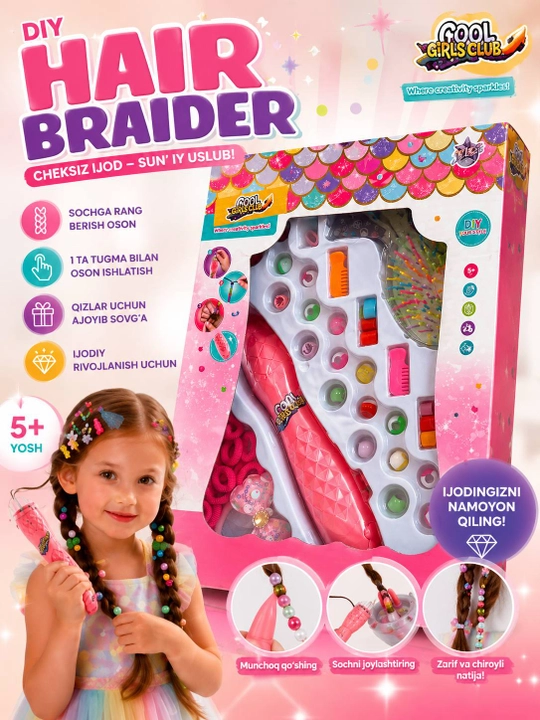 Qizlar uchun soch o‘rish va bezash uchun "Hair Braider DIY" munchoqli to‘plam - 