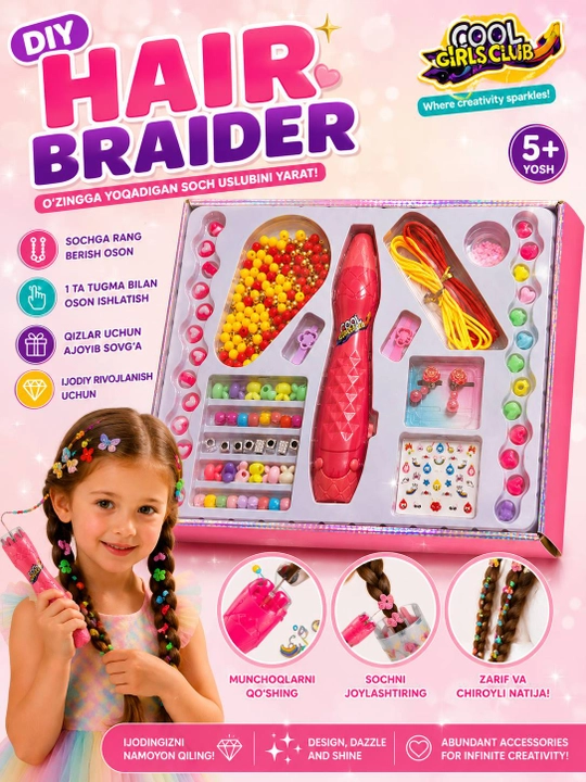 Qizlar uchun soch o‘rish va bezash uchun "Hair Braider DIY" munchoqli to‘plam - 