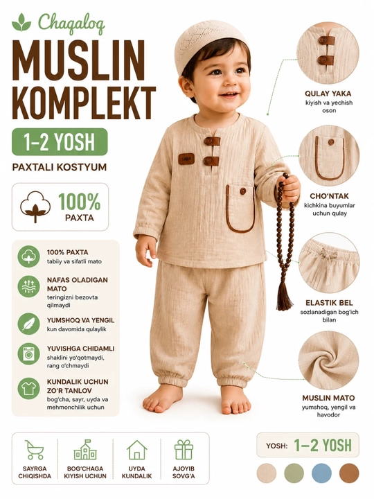 Chaqaloq muslin komplekt 1-2 yosh paxtali kostyum yumshoq bolalar kiyimi - 