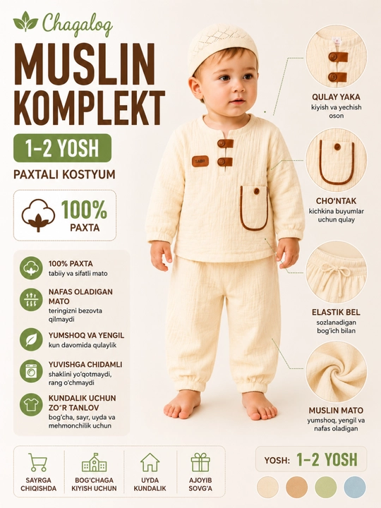 Chaqaloq muslin komplekt 1-2 yosh paxtali kostyum yumshoq bolalar kiyimi - 