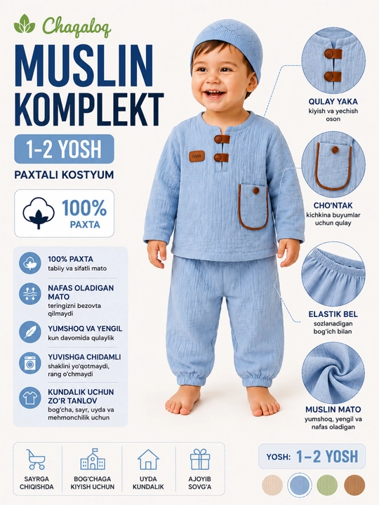 Chaqaloq muslin komplekt 1-2 yosh paxtali kostyum yumshoq bolalar kiyimi - 