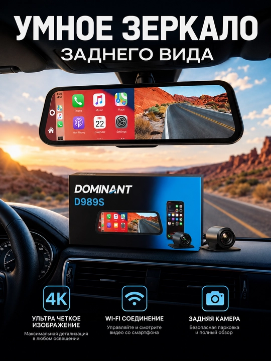 Videoregistrator DOMINANT D989S 4K Ultra HD Wi-Fi CarPlay Android Auto 32GB fleshka bilan - 