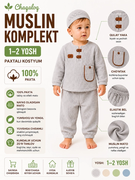 Chaqaloq muslin komplekt 1-2 yosh paxtali kostyum yumshoq bolalar kiyimi - 