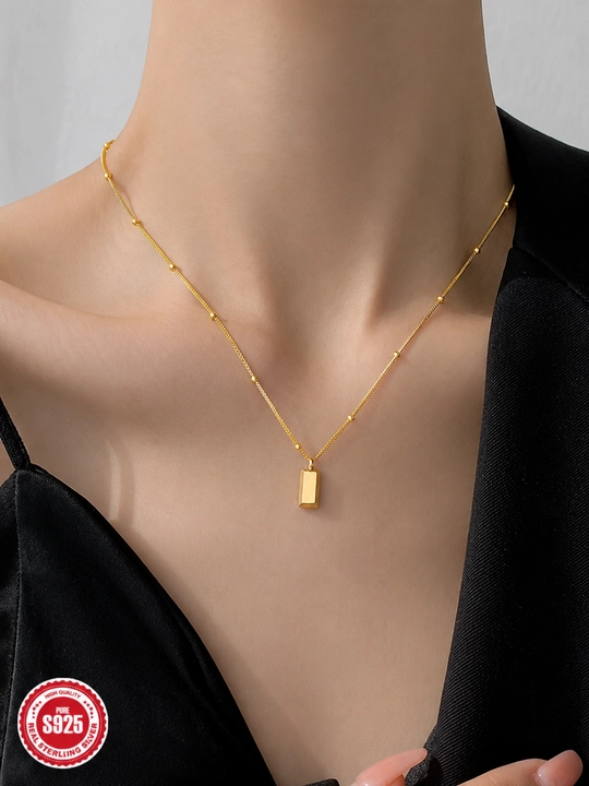 Ayollar uchun 925 Proba Sterling Kumush Bar Kulonli Zanjir, 18K Oltin Qoplamali
