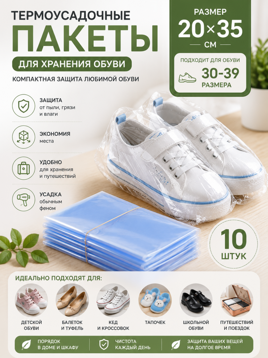 Ваккумные пакеты для хранения одежды и обуви, термоусадочные, 3 размера, 6/10/15 шт