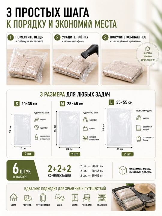 Ваккумные пакеты для хранения одежды и обуви, термоусадочные, 3 размера, 6/10/15 шт