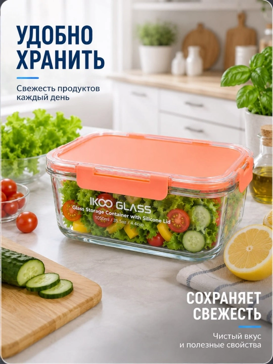 Стеклянный контейнер для продуктов объемом, 1050 мл, с вакуумной крышкой