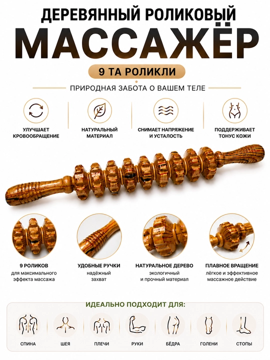 Yog‘och rolikli antitsellyulit massajer Skalka – butun tana uchun
