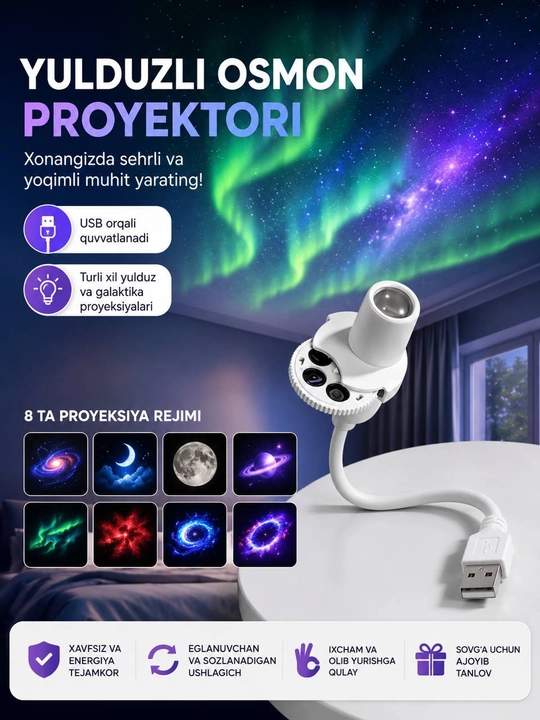 Yulduzli osmon proyektori, galaktika proyektori, USB tungi chiroq, shimol yog’dusi - 