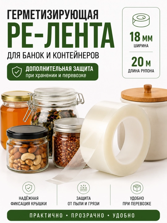 Лента для герметизации банок и контейнеров, прозрачная, 18 мм × 20 м - 