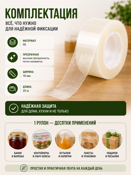 Banka va konteynerlarni germetik yopish uchun lenta, shaffof, 18 mm × 20 m