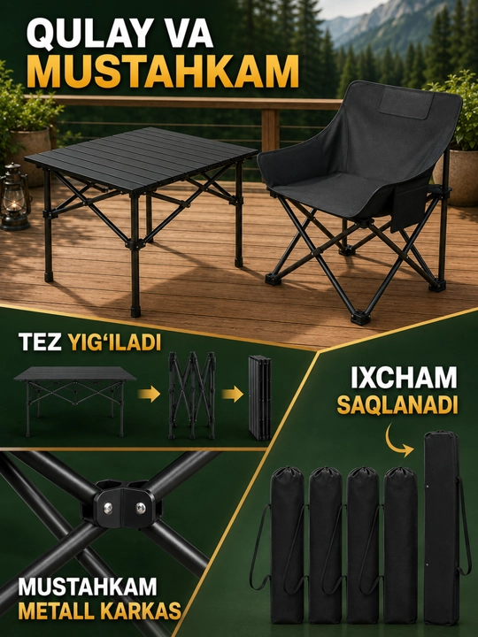 Stol va stullar to‘plami, 6 kishilik - ko‘cha/piknik to‘plami