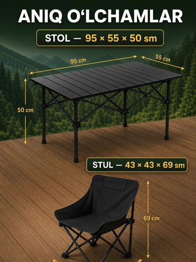 Stol va stullar to‘plami, 6 kishilik - ko‘cha/piknik to‘plami