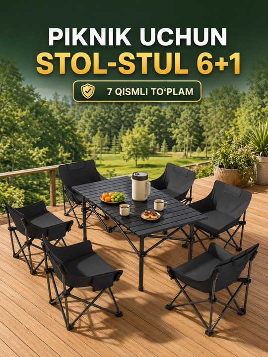 Stol va stullar to‘plami, 6 kishilik - ko‘cha/piknik to‘plami - 