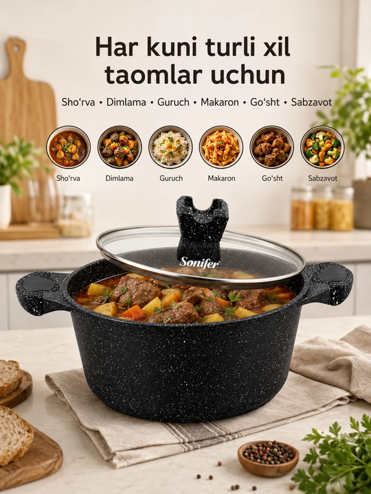 Sonifer alyuminiy qozon marmar yopishmaydigan qoplamali 2.4-6.7 litr