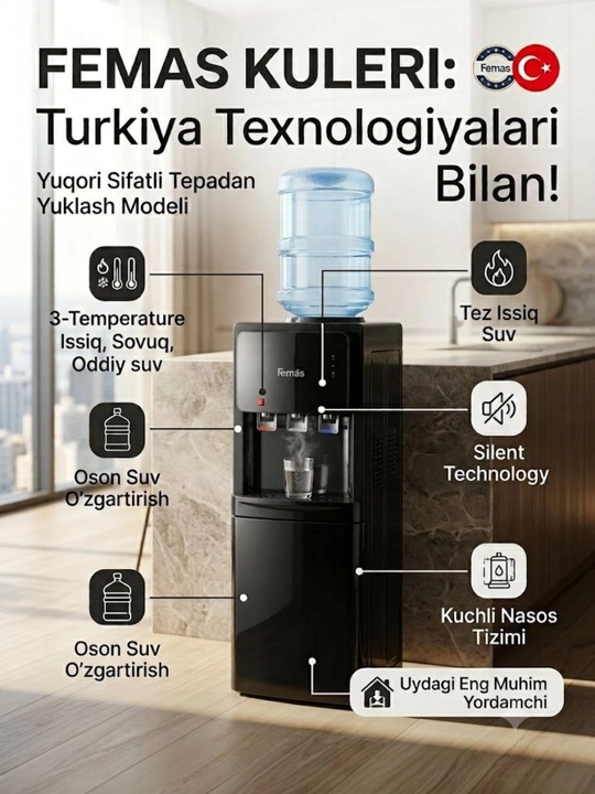 Suv kuleri, dispenser, issiq suv, sovuq suv, ofis uchun kuler, uy uchun kuler