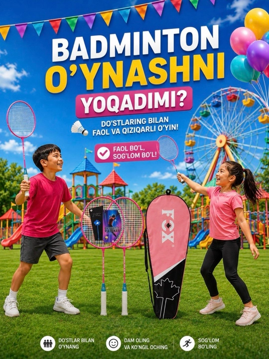 Badminton to‘plami – 2 raketka, g‘ilof bilan, sport badminton set - 