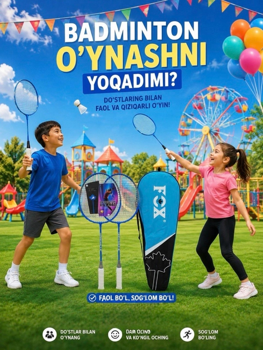 Badminton to‘plami – 2 raketka, g‘ilof bilan, sport badminton set - 