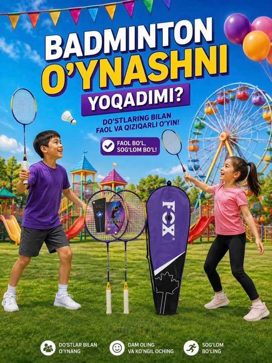 Badminton to‘plami – 2 raketka, g‘ilof bilan, sport badminton set - 