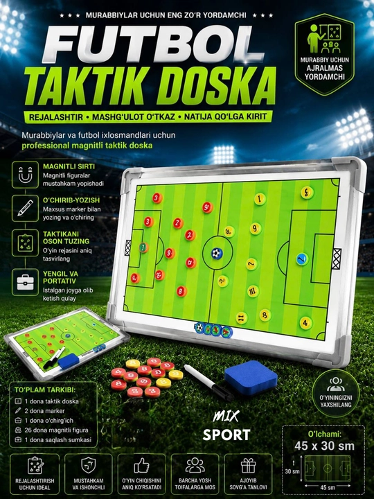 Futbol murabbiy uchun taktika doskasi (45x30 sm) - 