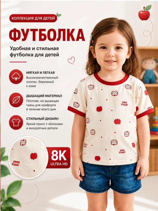 Детская футболка с принтом яблоко, хлопковая летняя футболка для детей