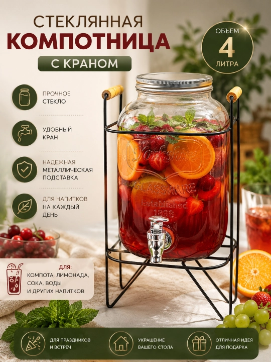 Kompot idishi kranli, metall taglikli shisha ichimlik dispenseri