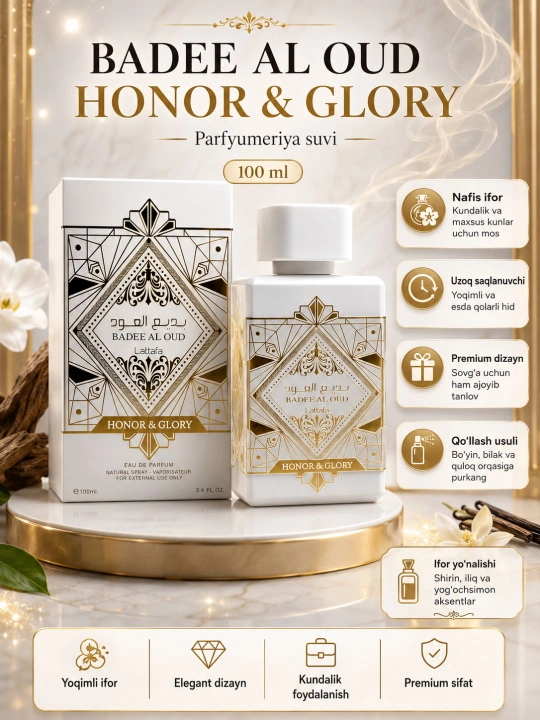 Honor & Glory Bade'e Al Oud Eau de Parfum, теплый и элегантный аромат, 100 мл - 