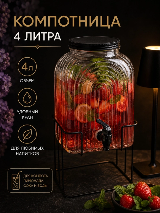 Kompot idishi kranli, metall taglikli shisha ichimlik dispenseri - 