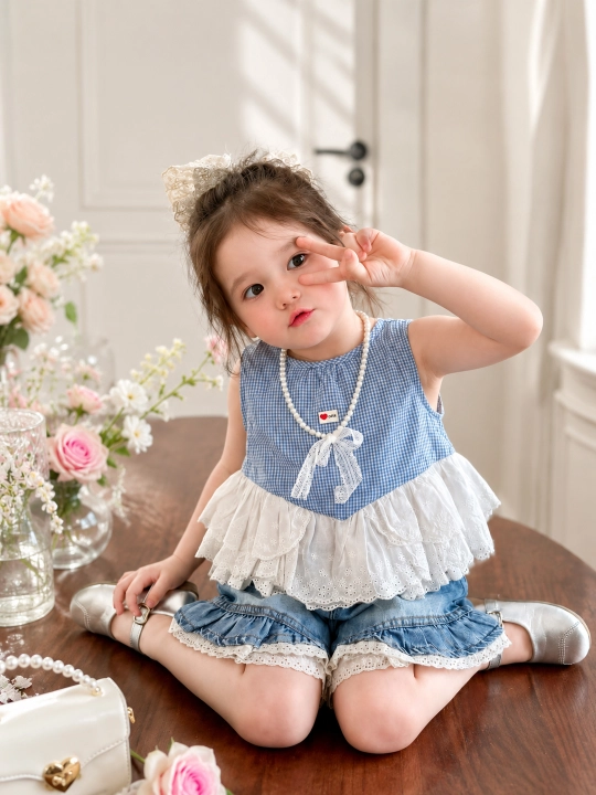 Одежда для девочки: блузка с кружевным воротником и шорты, летний комплект 2–4 года - 
