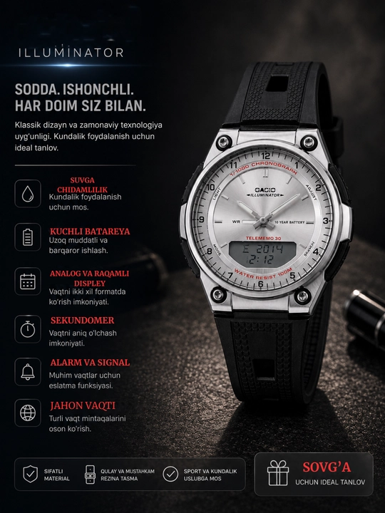 Erkaklar Qo'l Soati Illuminator Analog-Digital klassik kundalik va sport uslubi