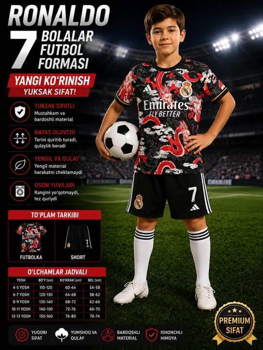Real Madridning bolalar futbol formasi Ronaldo 7 (ajdar dizayni) - 