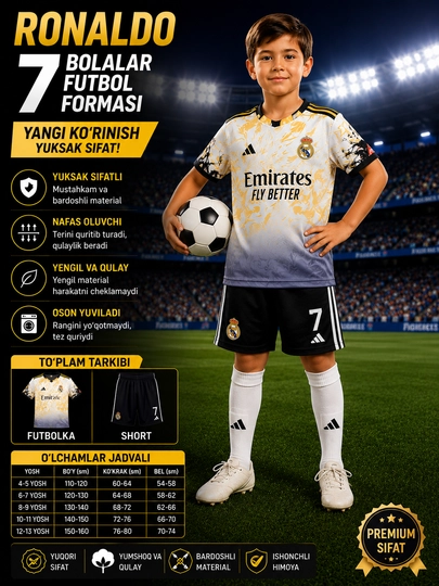 Real Madridning bolalar futbol formasi Ronaldo 7 (ajdar dizayni) - 