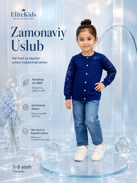 Одежда для девочек — вязаный кардиган, 1–5 лет, синий джемпер, нарядная кофта