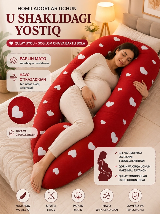 Homiladorlar uchun mo‘ljallangan Usimon yostiq uyqu, emizish va dam olish uchun juda qulay - 