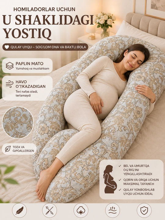 Homiladorlar uchun mo‘ljallangan Usimon yostiq uyqu, emizish va dam olish uchun juda qulay - 