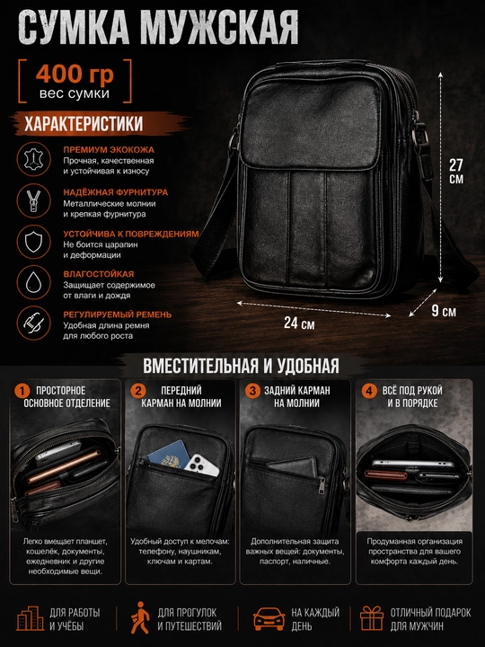 Мужская сумка барсетка через плечо Classic, экокожа, много карманов, повседневная, чёрная