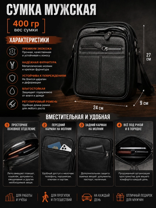 Мужская сумка барсетка через плечо Classic, экокожа, много карманов, повседневная, чёрная