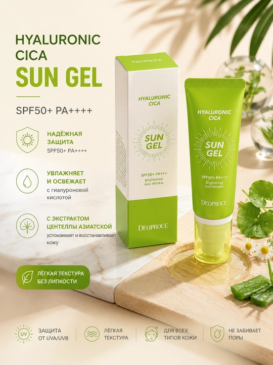 Deoproce Hyaluronic Cica солнцезащитный гель SPF50+ PA++++ 50 г - 