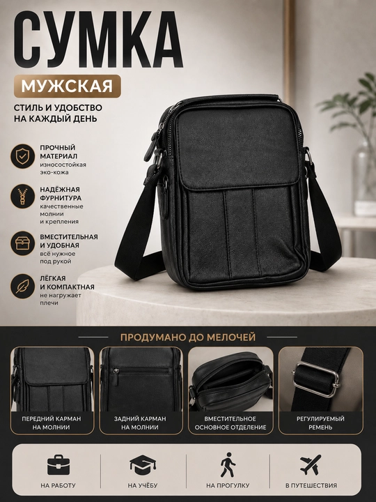 Erkaklar maktab sumkasi, eko-charm, ko‘p cho‘ntakli, kundalik, qora - 