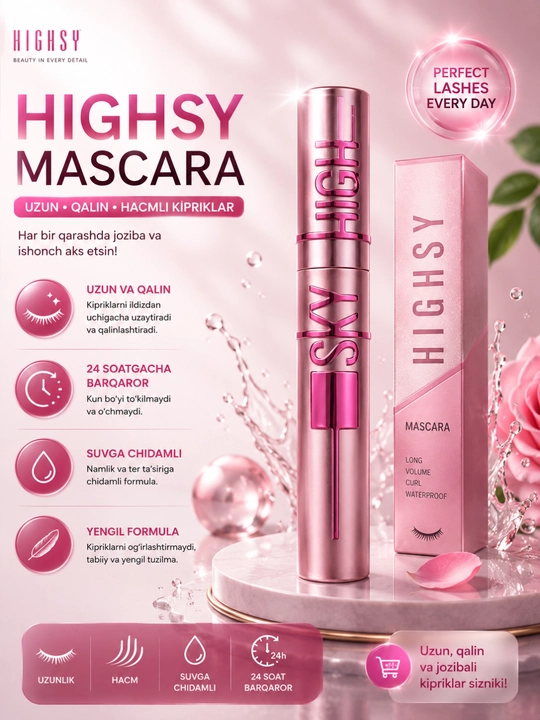Highsky suvga chidamli uzun va hajm beruvchi maskara qora kiprik tushi